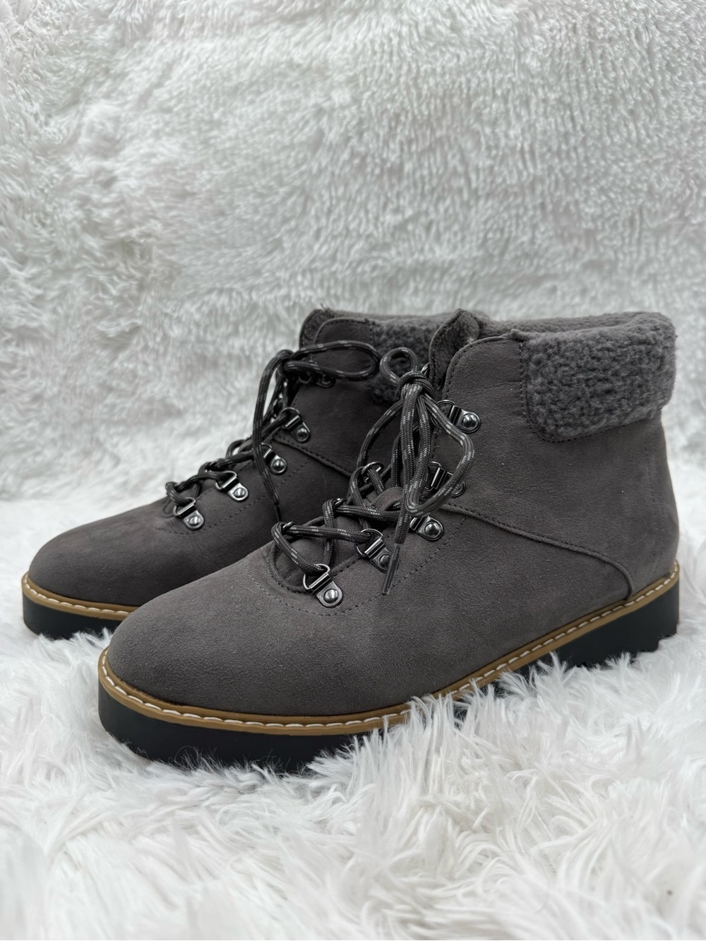 Sonoma Ankle Booties Gray Faux Suede Fur Hiker Boots Lace-Up